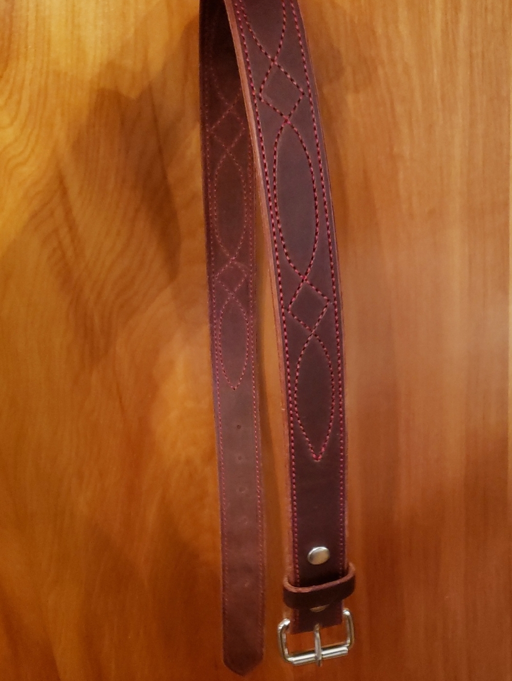 Thick Handmade Leather Belt with Decorative Stitching Oxblood/Red